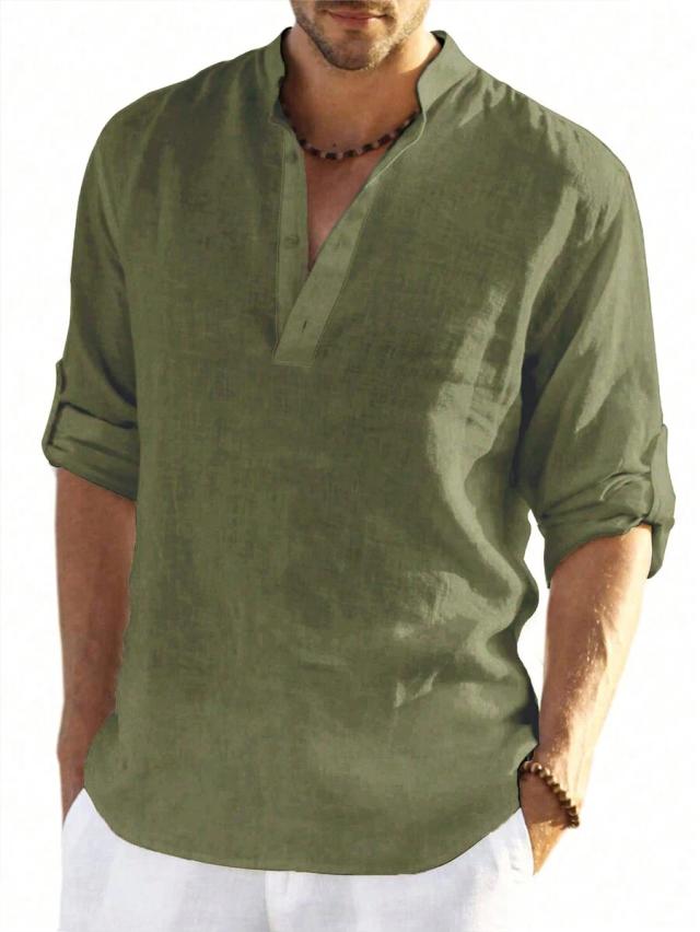 olive green washed cotton mandarin collar henley shirt