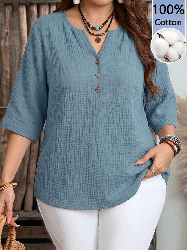 blue cotton crinkle fabric 3/4 sleeve casual top