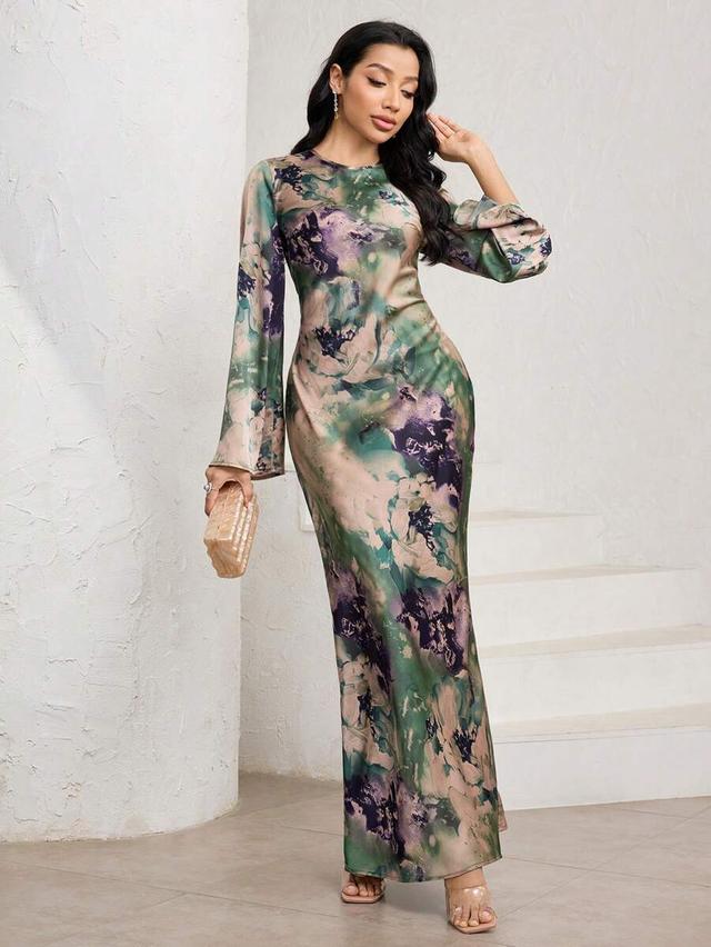 sage green tie dye print mermaid hem long sleeve dress