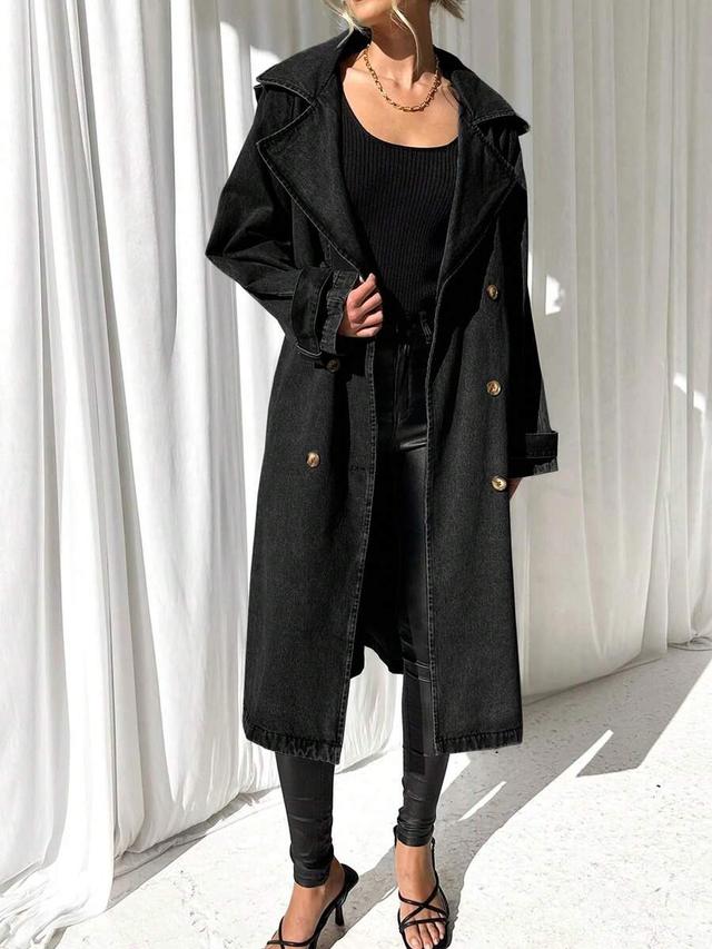 oversized black denim double breasted maxi coat