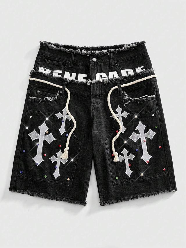 black denim shorts with cross embroidery and rhinestones