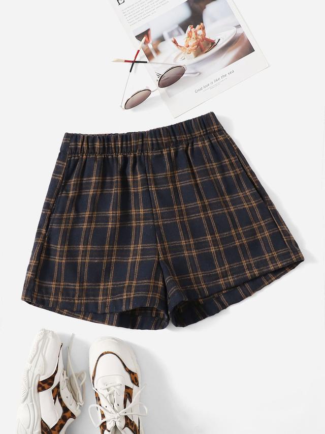 plaid wide leg elastic waist shorts
