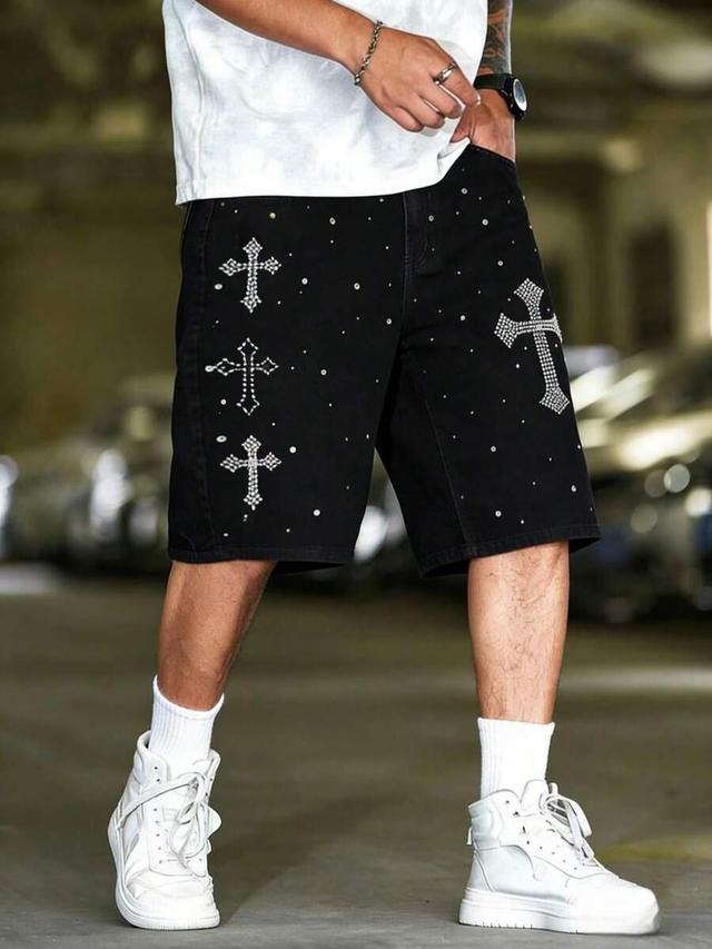 rhinestone cross embellished black loose denim shorts
