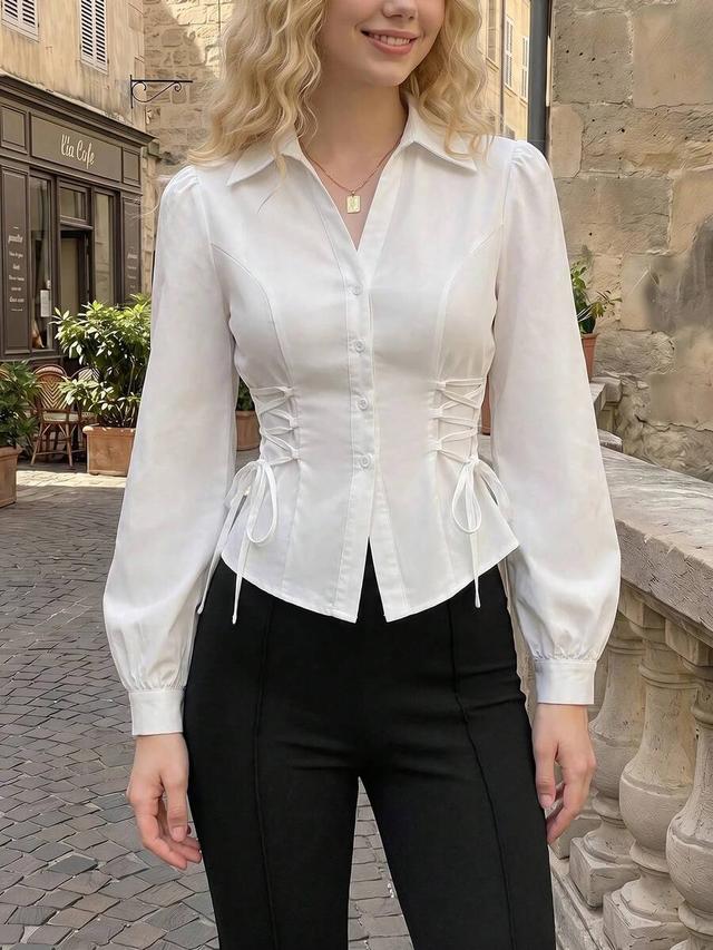 elegant white lantern sleeve tie-waist blouse