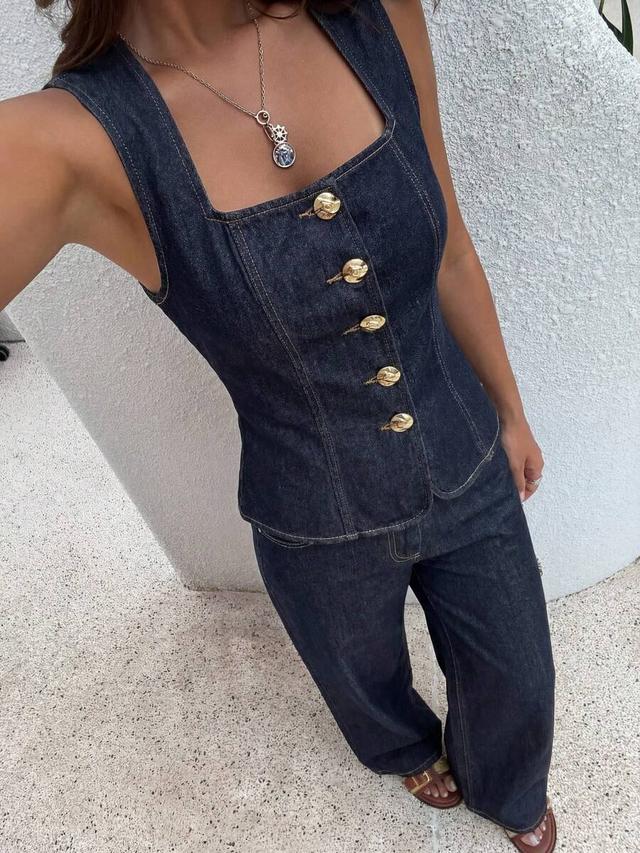 dark wash denim corset top and matching trousers