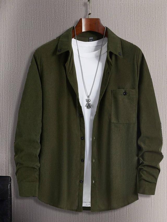 olive green corduroy long sleeve casual button-up shirt
