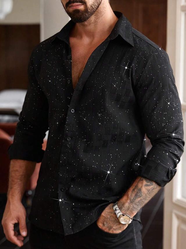 men's elegant black textured shimmering button-down long-sleeved shirt