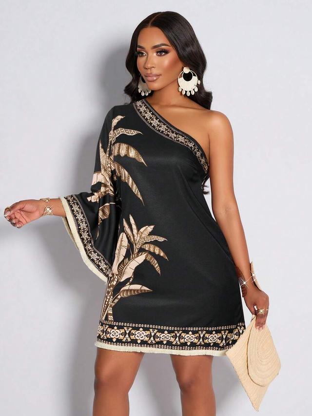 one-shoulder black printed dress with fringe trim