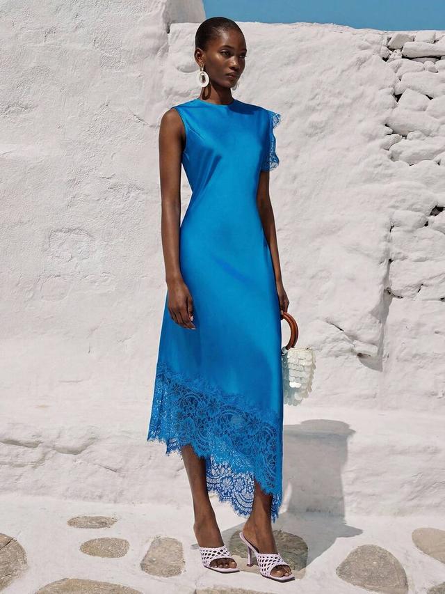 aqua blue satin-feel asymmetric lace trim midi dress