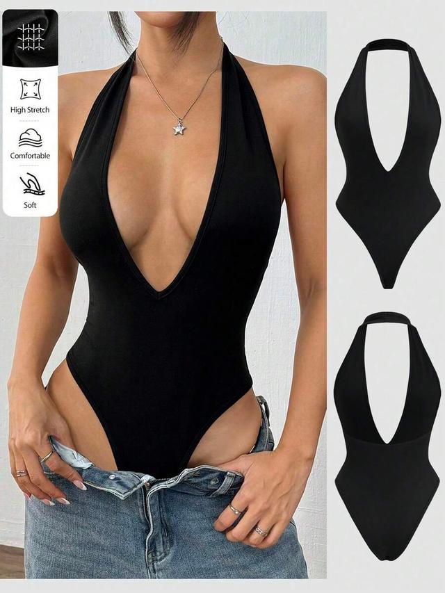 flirla black deep v-neck backless halter bodysuit