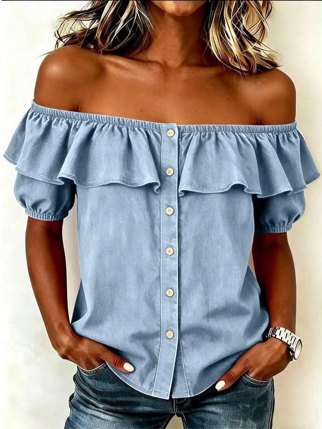 light blue chambray off-shoulder button-down blouse