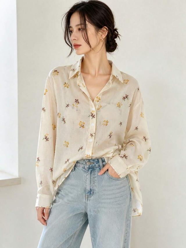 elegant ditsy floral lightweight linen blend blouse