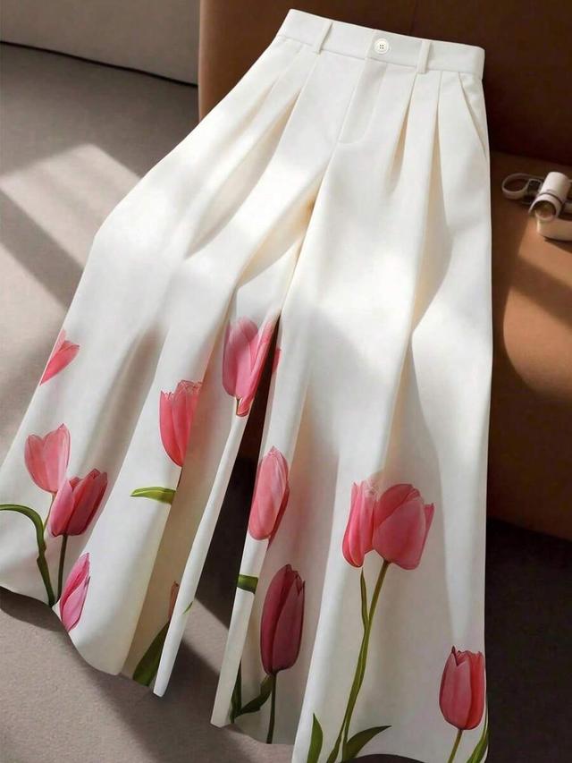 apricot white floral print wide leg trousers