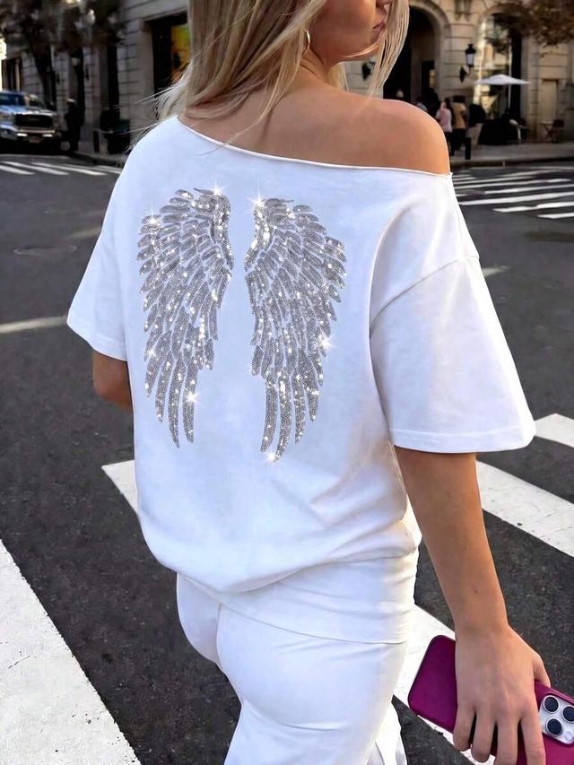 white sequin embroidered angel wings oversized t-shirt