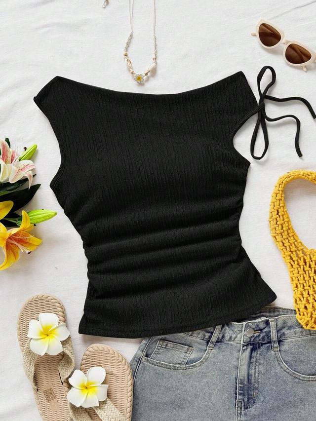black asymmetrical neck tie waist slim fit ribbed top