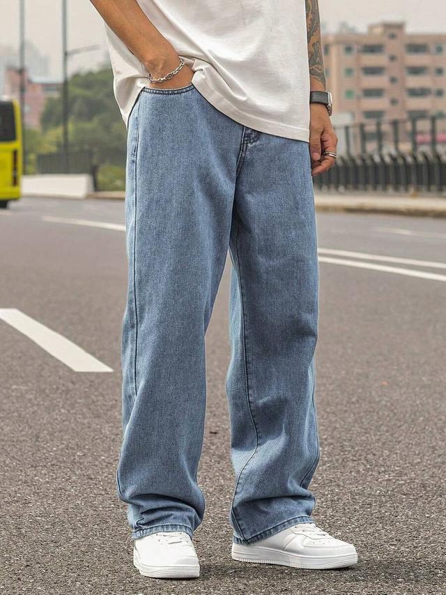 men's washed light blue straight loose retro jeans
