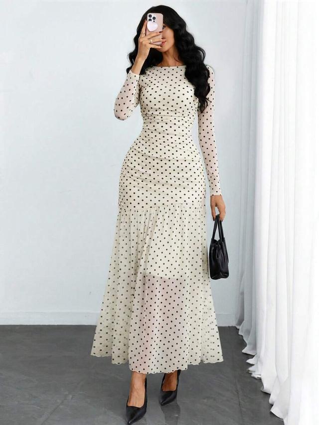 polka dot mesh long sleeve asymmetrical ruffle dress