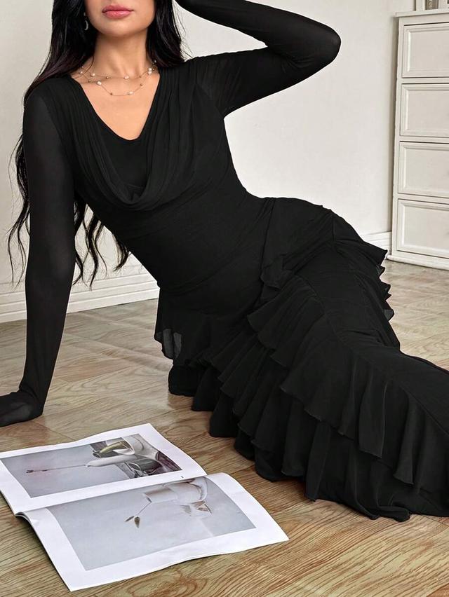 black elastic net flared collar ruffled hem fitted dress