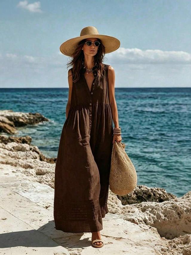 brown sleeveless linen button-down maxi dress