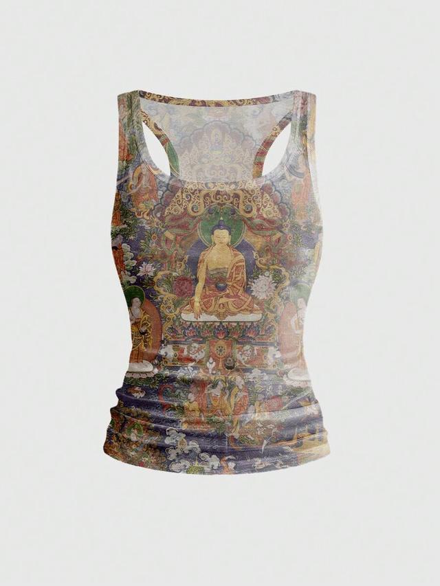 religious pattern print sheer mesh racerback tank top