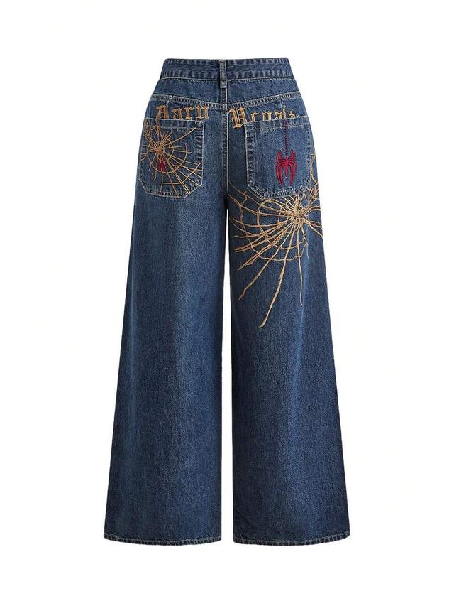 spider web embroidered loose straight leg jeans