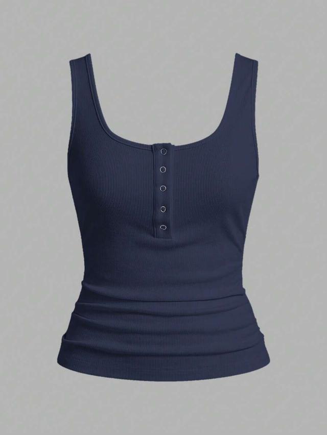 slaydiva casual navy ribbed cami top with button placket