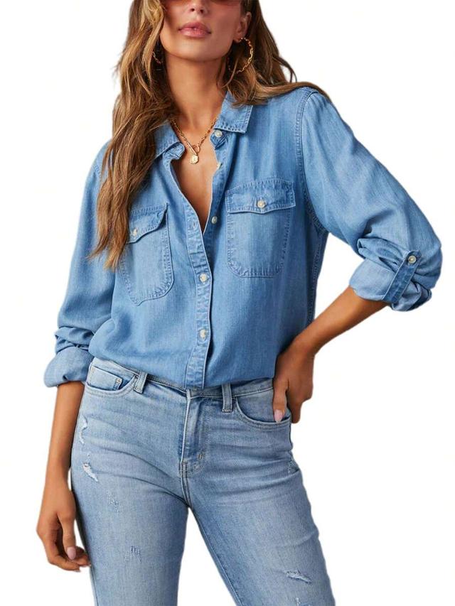 women denim shirt solid color long sleeve jean blouse