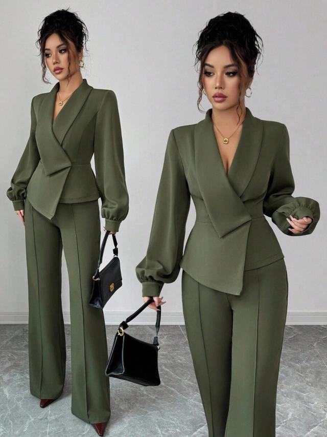olive green asymmetrical crossed collar blazer