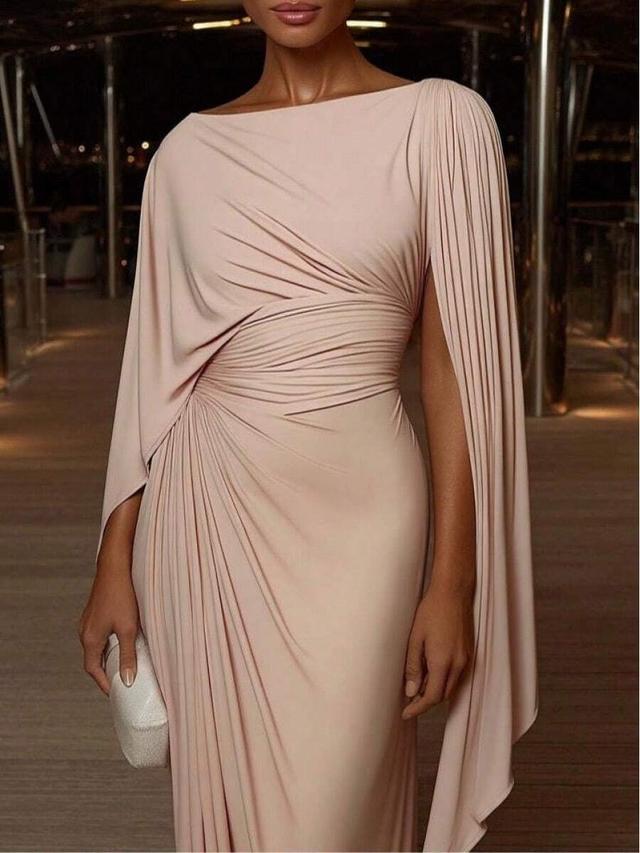 pale pink draped cape sleeve evening gown
