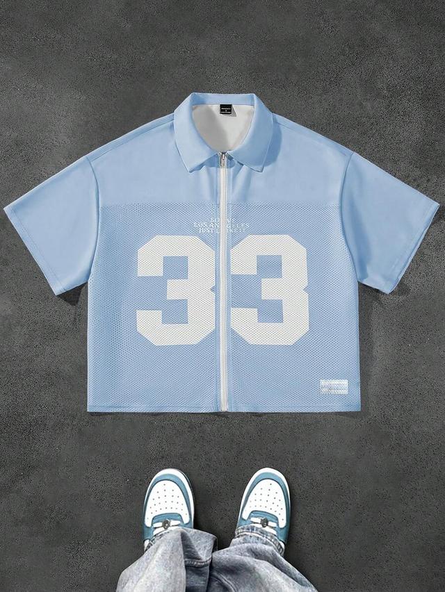 light blue mesh insert zip front cropped shirt