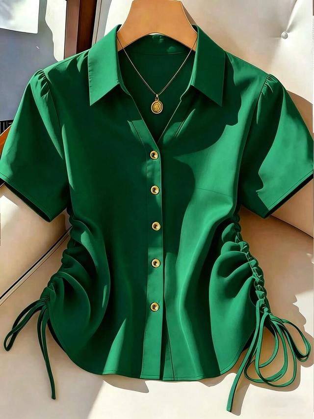 green solid color single-breasted drawstring tie shirt