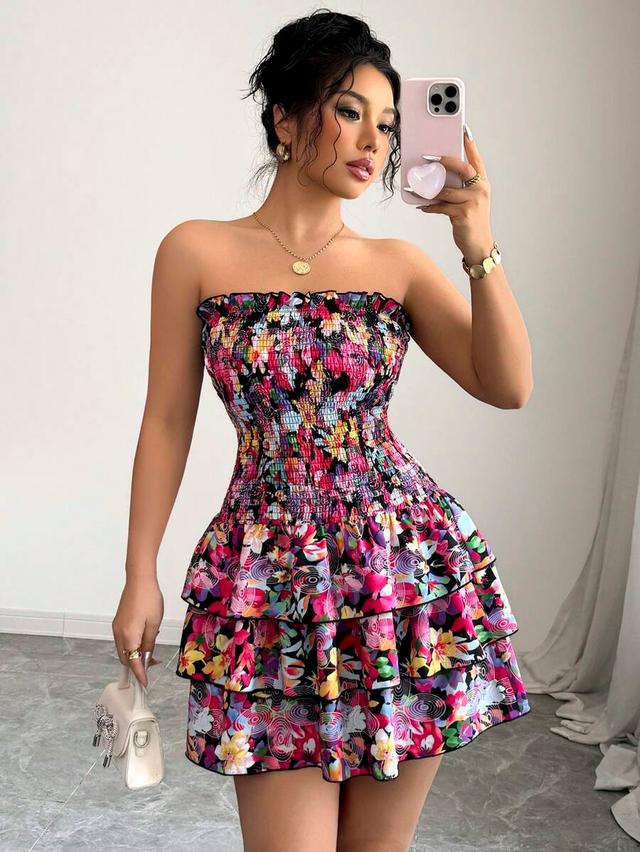 pink floral print strapless smocked ruffle trim dress