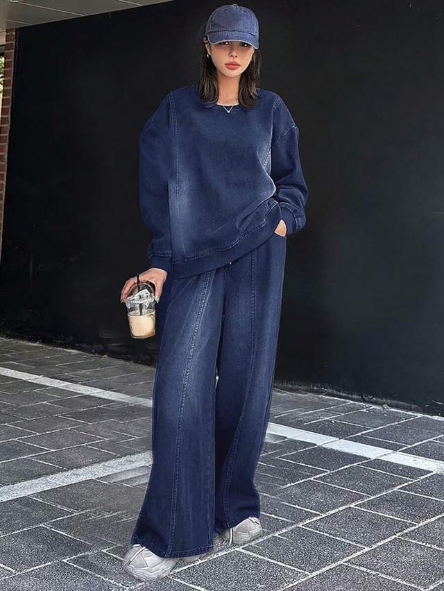 dark wash denim sweatshirt and matching wide-leg trousers