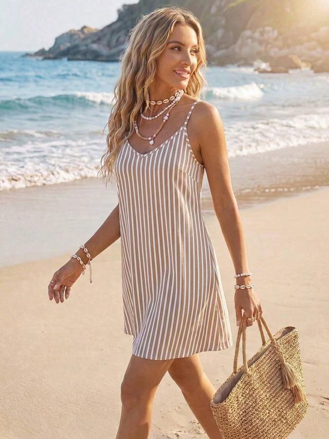 casual striped v-neck mini beach dress