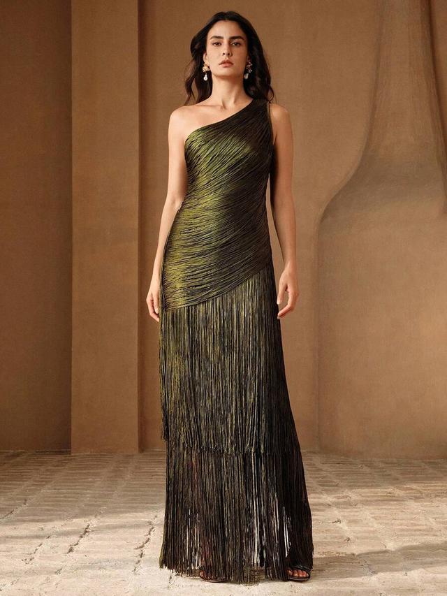 anewsta military green one-shoulder tassel evening dress