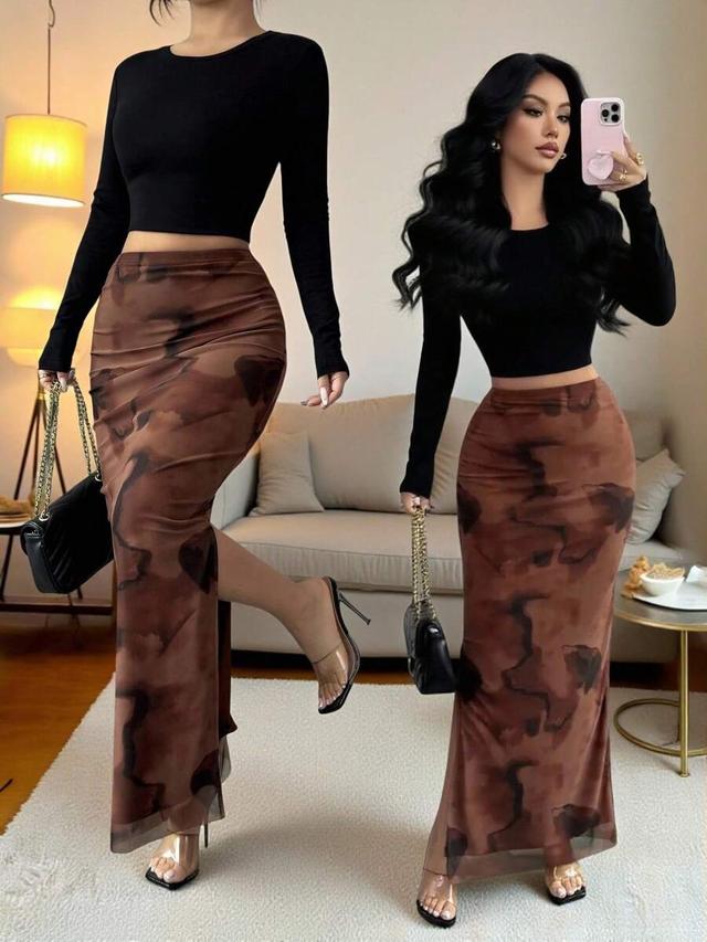 rafferiza brown chaotic print stretch mesh long skirt