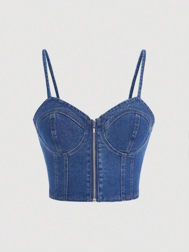 denim zip-up cropped camisole top