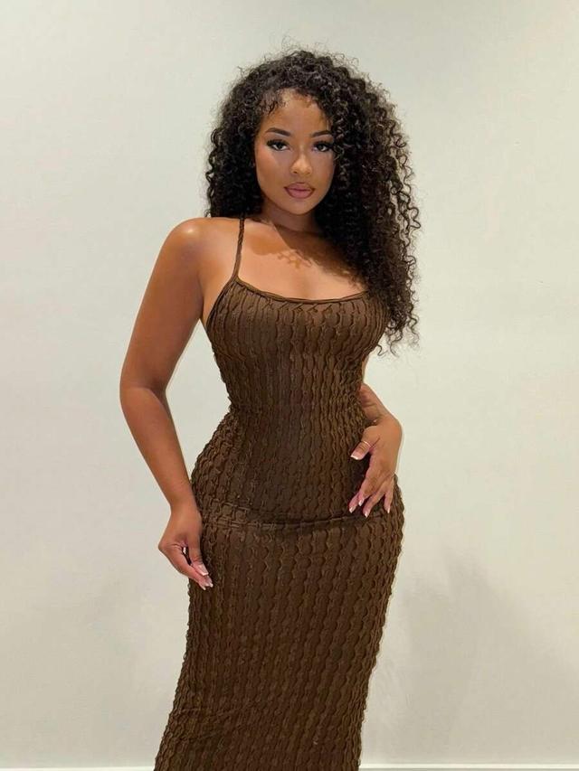 brown textured bodycon midi dress with spaghetti straps