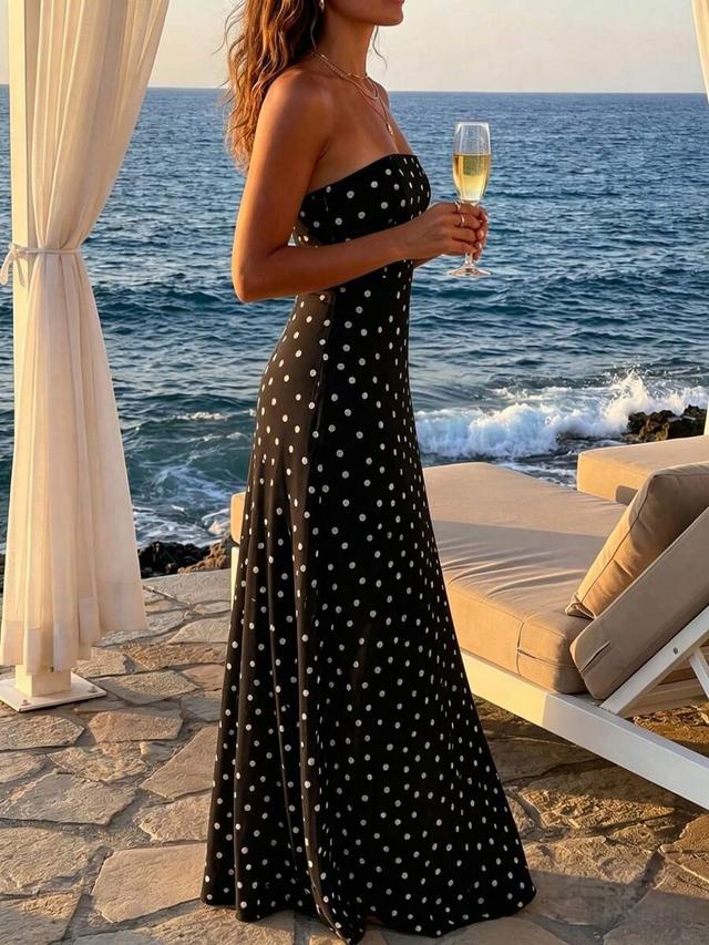 french vintage black polka dot chiffon bandeau dress