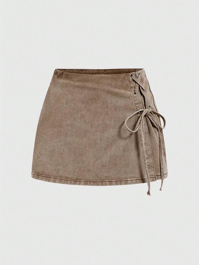 vintage wash brown denim lace up skort