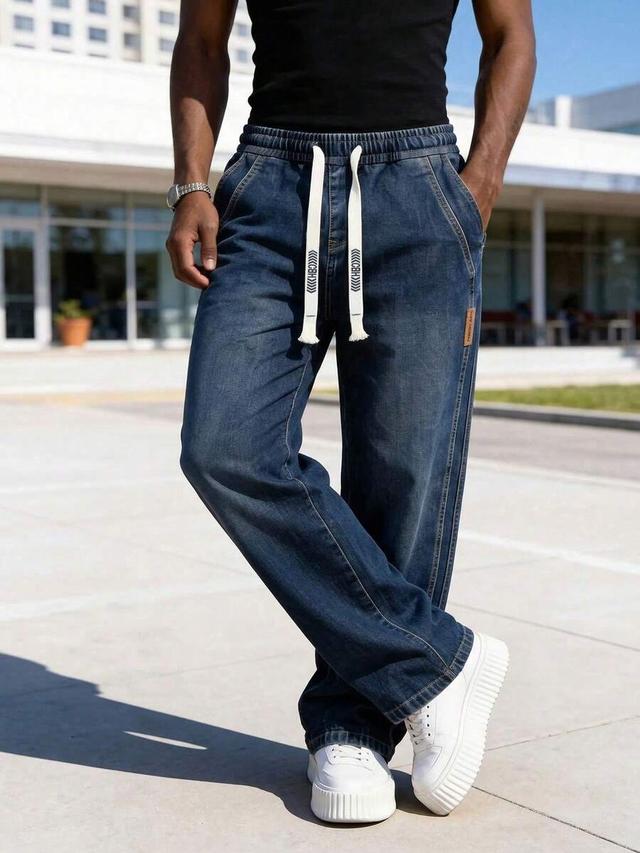 men's vintage distressed wash drawstring elastic waist jeans