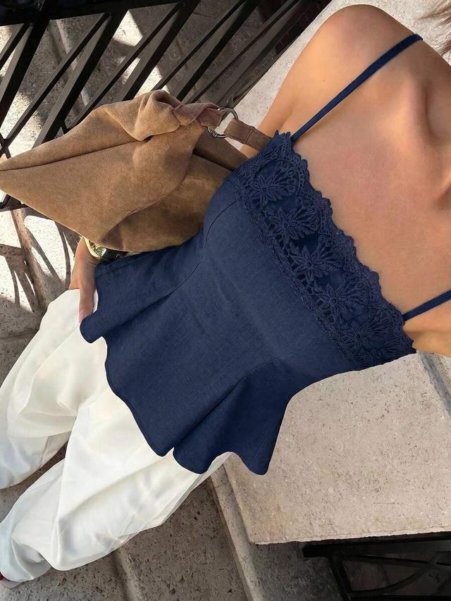navy blue linen peplum cami with lace trim