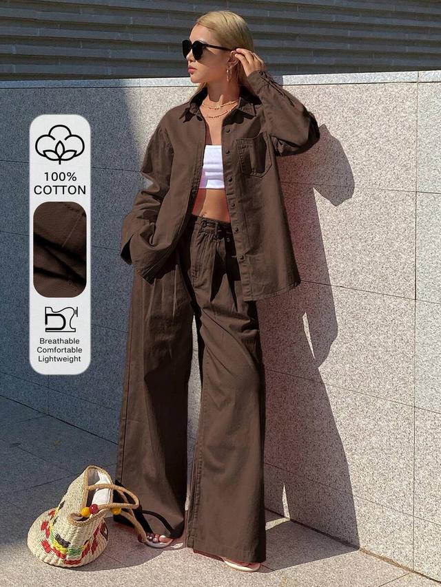 dazy brown cotton collared shirt and straight-leg pants set