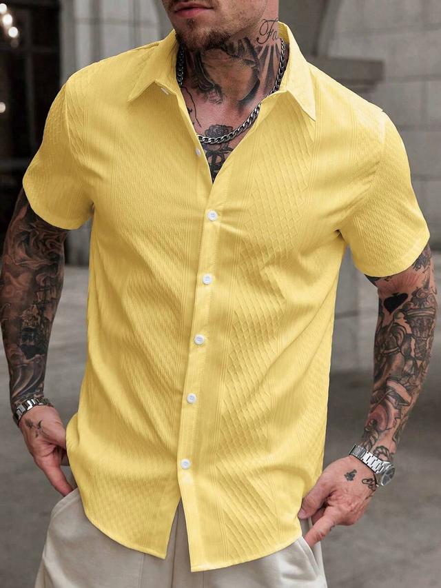 yellow textured short sleeve button down shirt