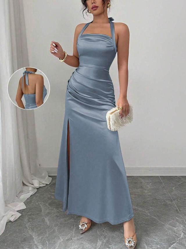 elegant champagne color bodycon elastic satin slit dress