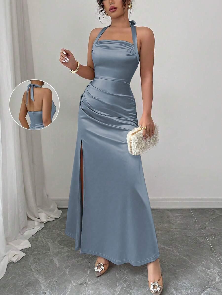 elegant champagne color bodycon elastic satin slit dress