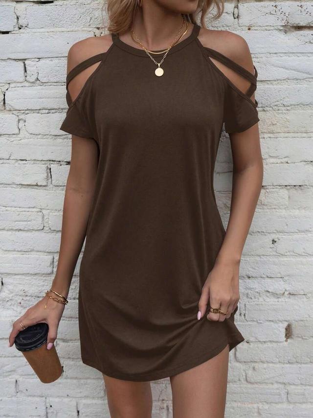 solid brown open shoulder casual shift dress