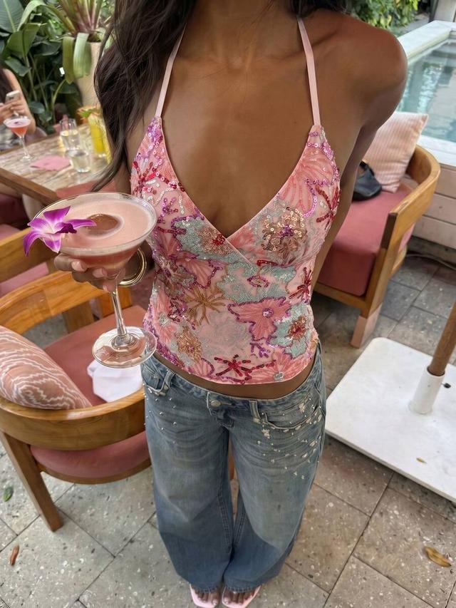 pink sequin embroidered backless spaghetti strap top