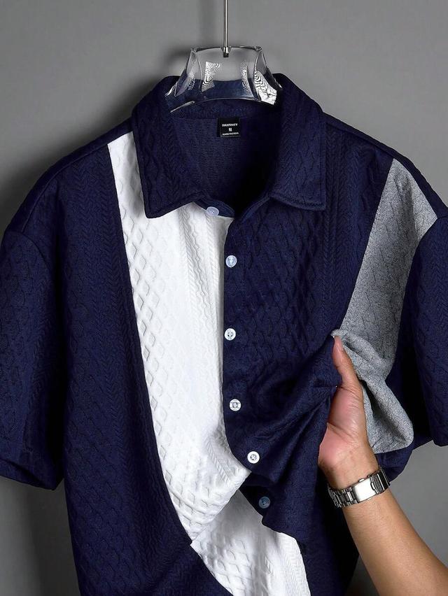 textured color block short sleeve button up shirt