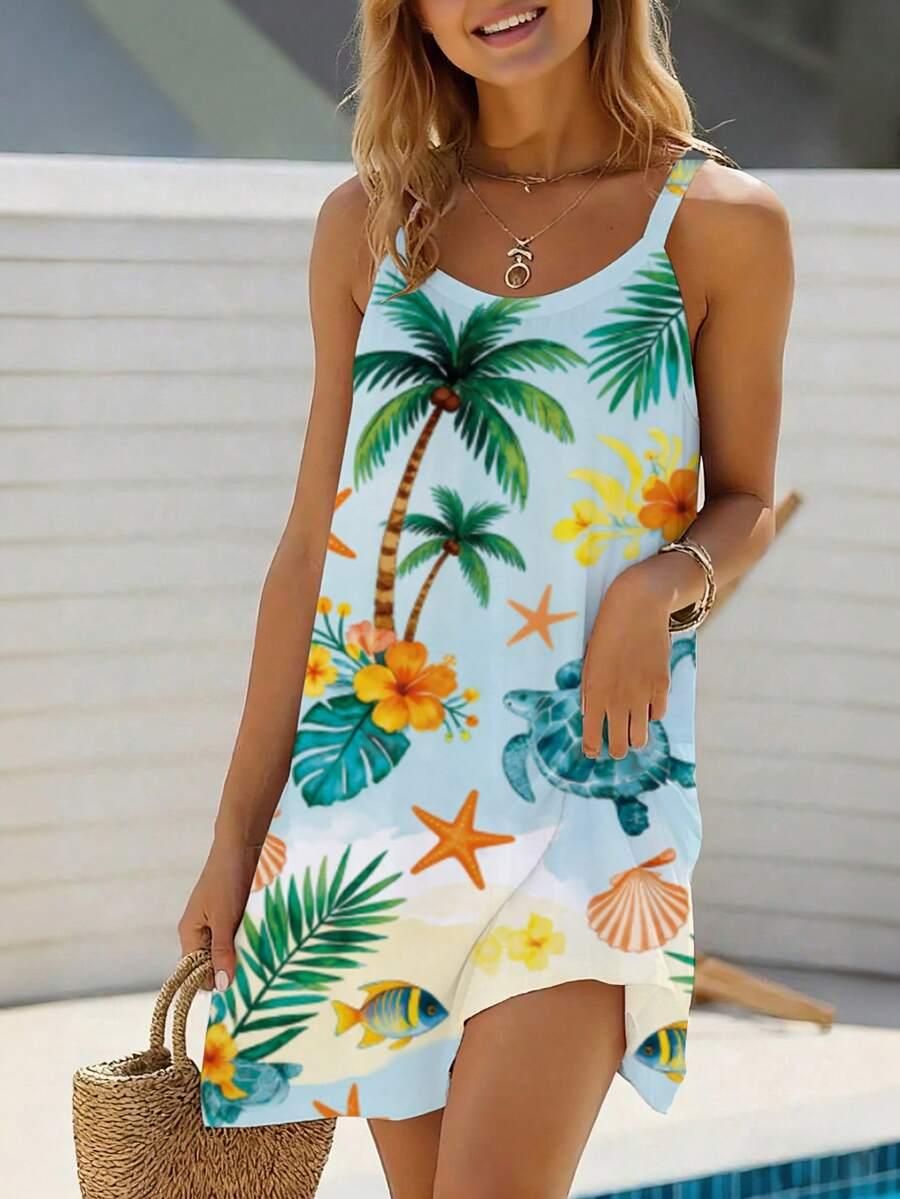 women's tropical print casual beach strap dress